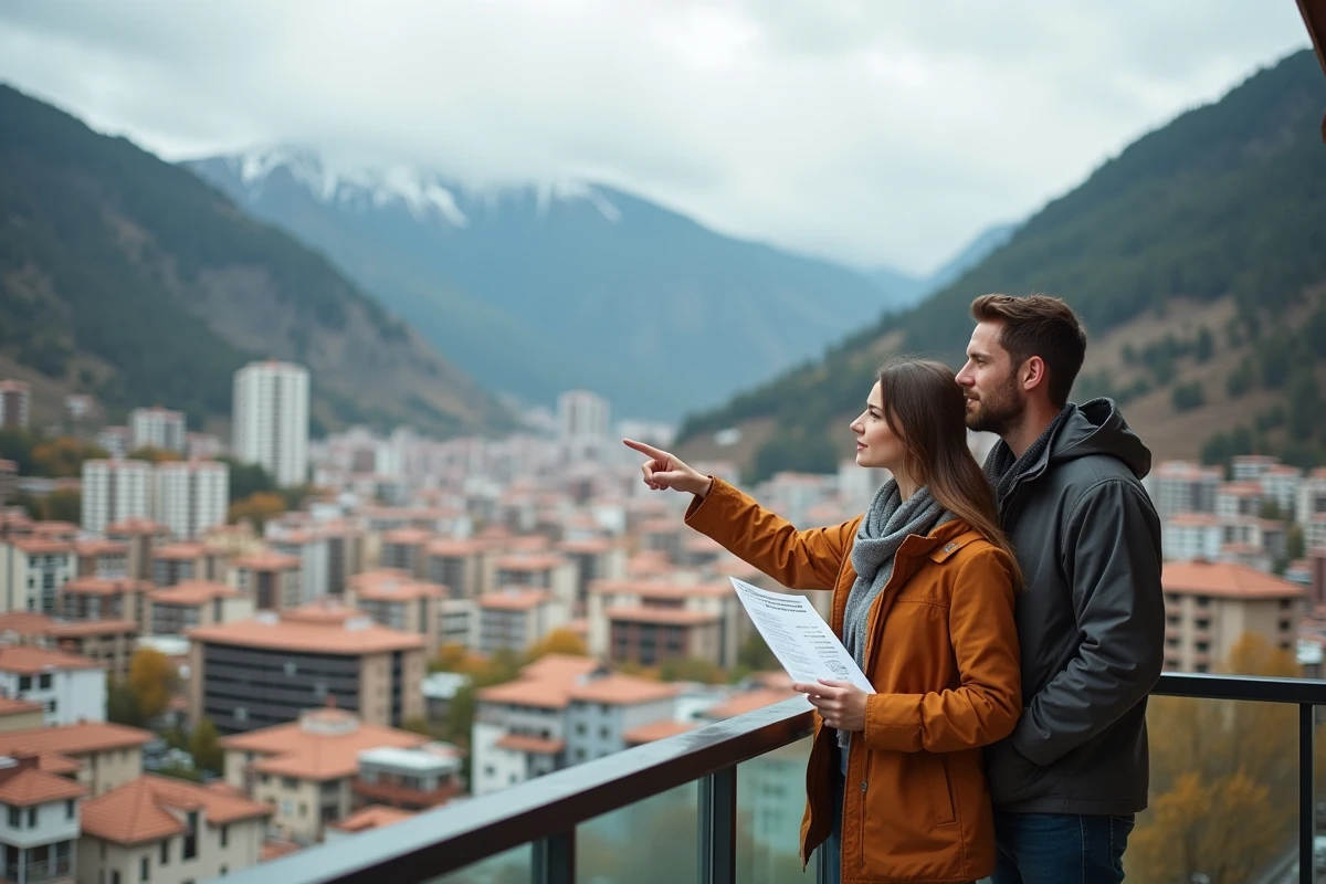 Couple d'investisseurs sur le balcon d'un appartement en Andorre discutant de la rentabilité locative
