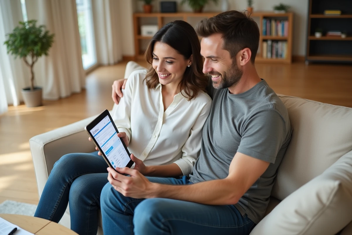 Couple de locataires consultant l'historique des paiements et quittances sur l'espace personnel Nexity depuis une tablette