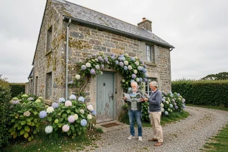 Couple devant une maison en pierre bretonne traditionnelle avec façade en granit et porte bleue entourée d'hortensias