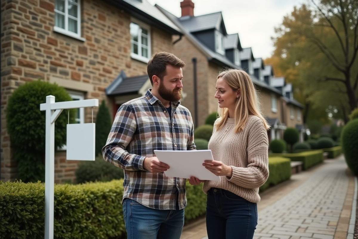 Couple discutant devant une maison à vendre dans un quartier résidentiel