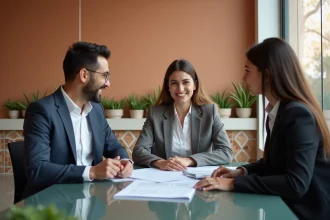 Couple marocain en réunion avec un conseiller bancaire pour un crédit immobilier à Marrakech