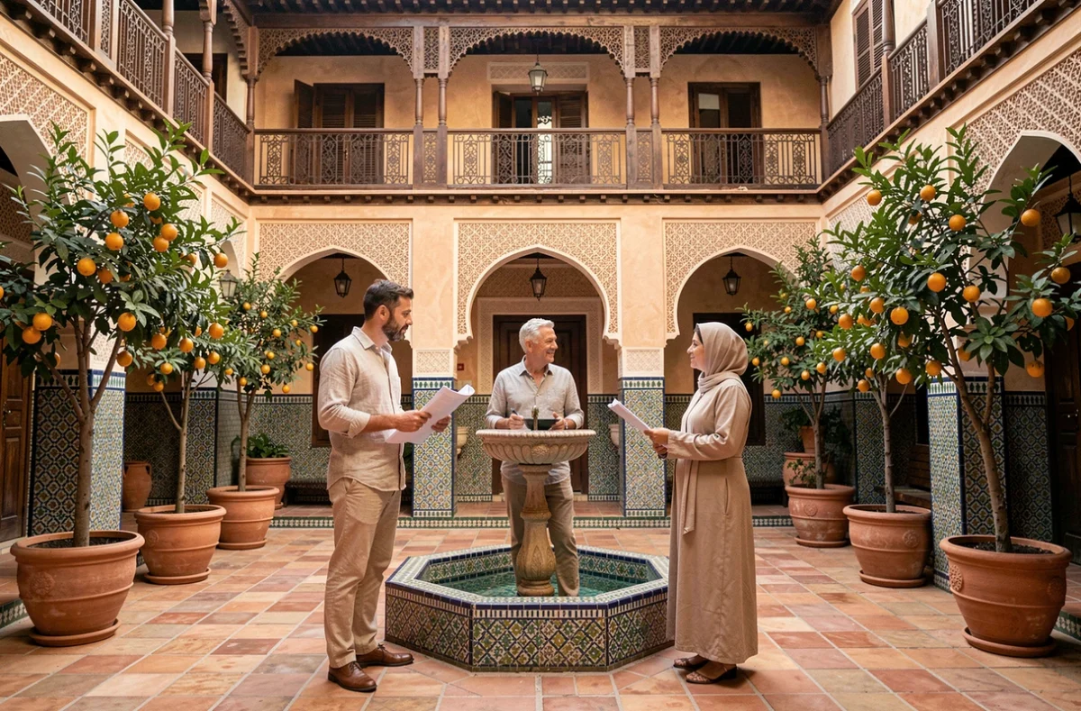Un couple européen non-résident discutant d'un projet d'achat de riad à Marrakech avec une agente immobilière marocaine dans un patio intérieur avec fontaine en mosaïque