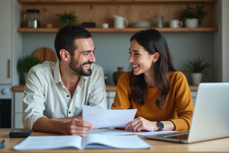Jeune couple français discutant de papiers dans la cuisine