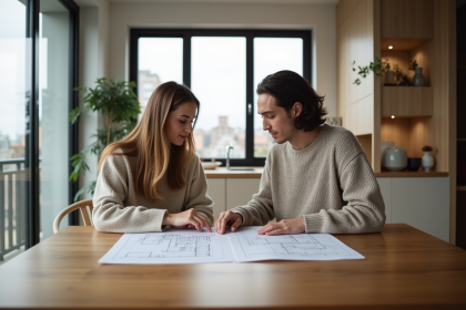 Couple en train de revoir des plans dans un appartement moderne