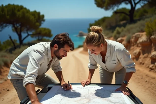Couple examinant un plan de terrain au bord de la mer avant l'achat d'une parcelle littorale
