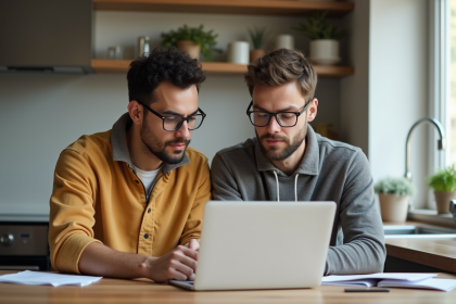Jeune couple examine documents de prêt immobilier à la maison