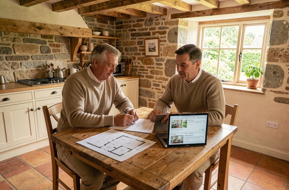 Couple étudiant des annonces de location de maison en Seine-Maritime autour d'une table dans un intérieur normand