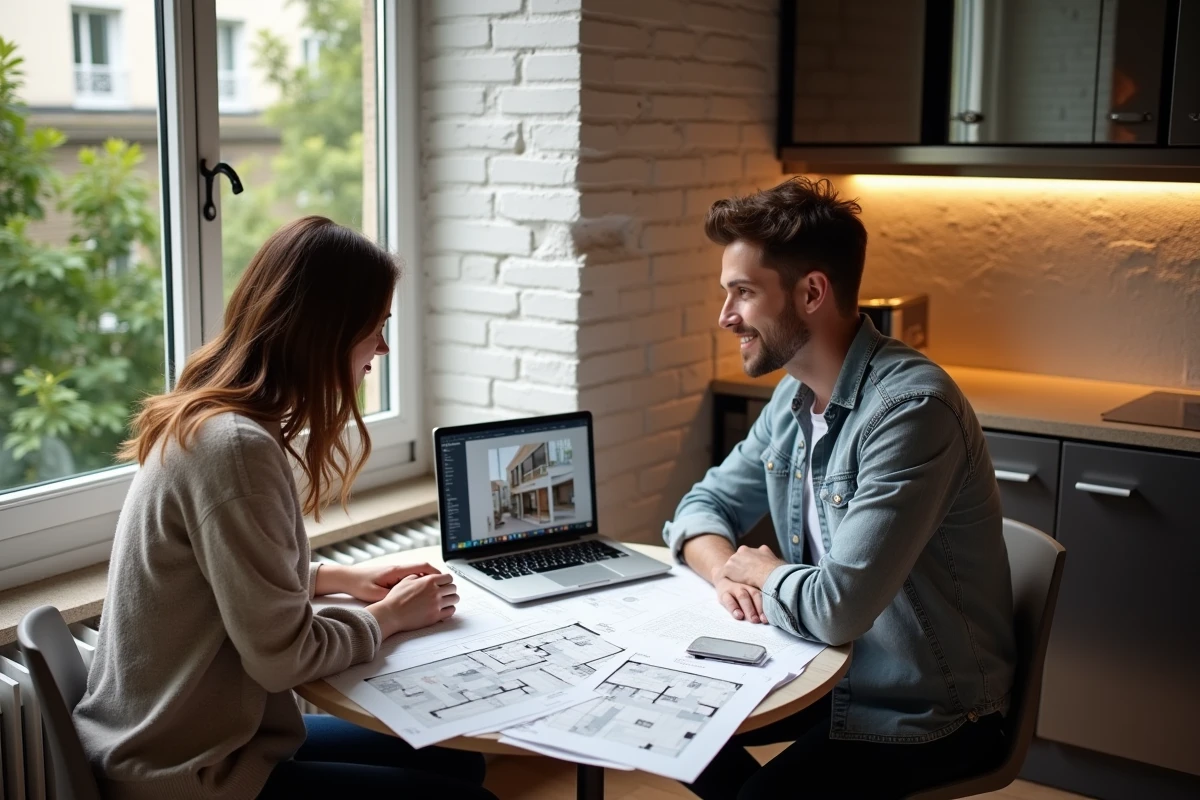 Couple étudiant les plans d'un studio BIS et comparant des annonces immobilières sur ordinateur