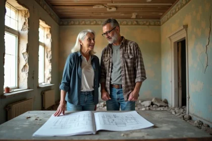 Couple examinant des plans de rénovation dans une maison abandonnée en mauvais état