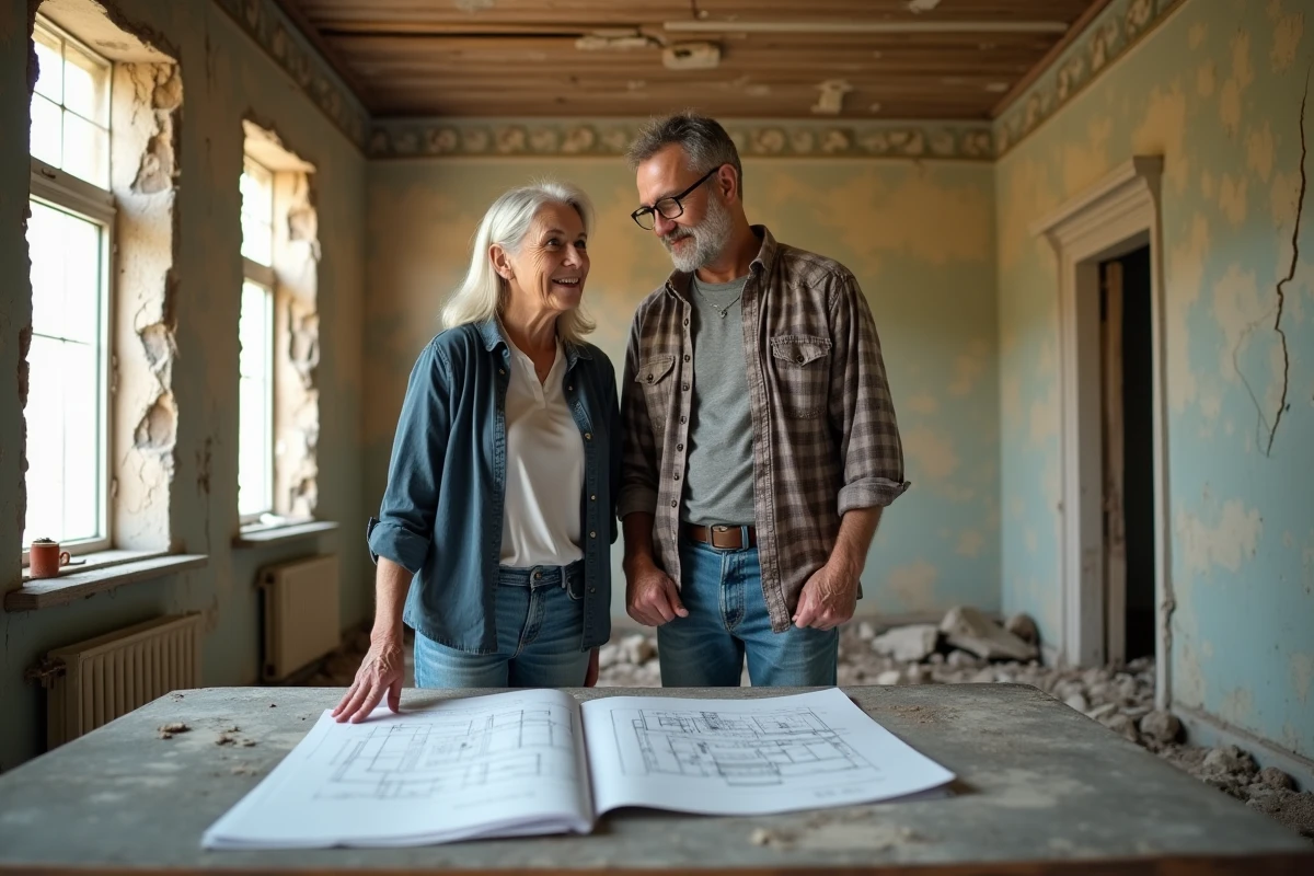 Couple examinant des plans de rénovation dans une maison abandonnée en mauvais état