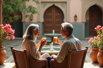 Couple de retraités européens savourant le thé à la menthe sur la terrasse en zellige d'un riad traditionnel à Marrakech