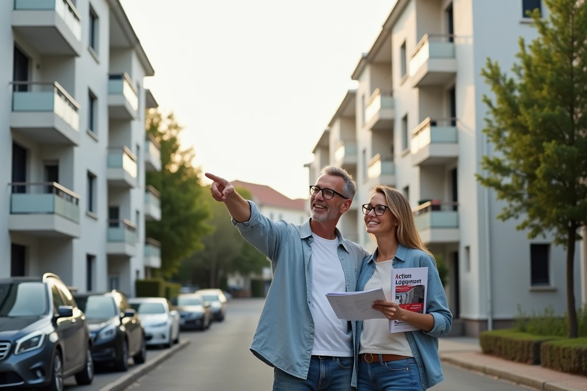 Couple de salariés devant un immeuble résidentiel tenant un contrat de location et une brochure Action Logement