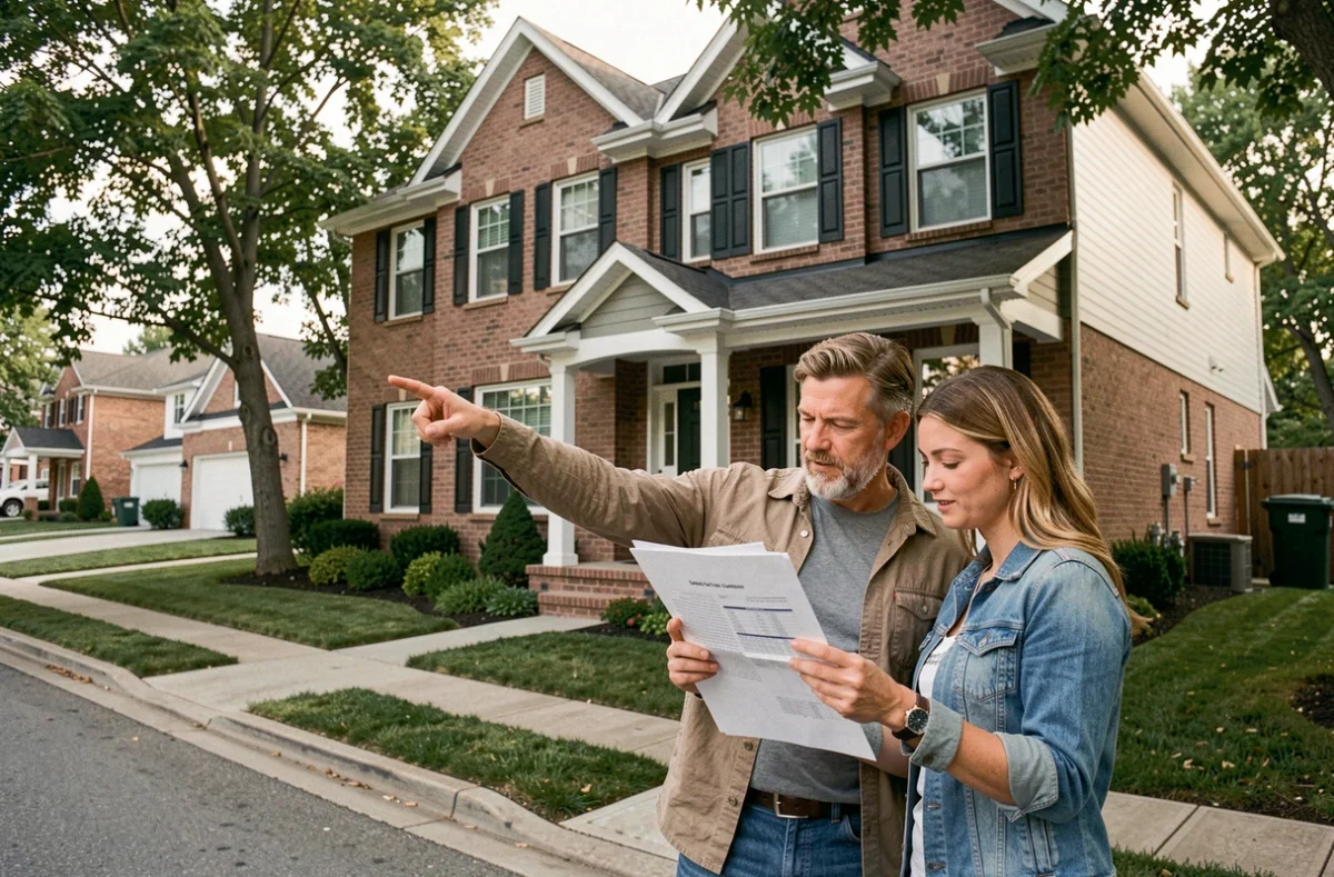 Couple de vendeurs examinant une estimation immobilière devant leur maison à vendre