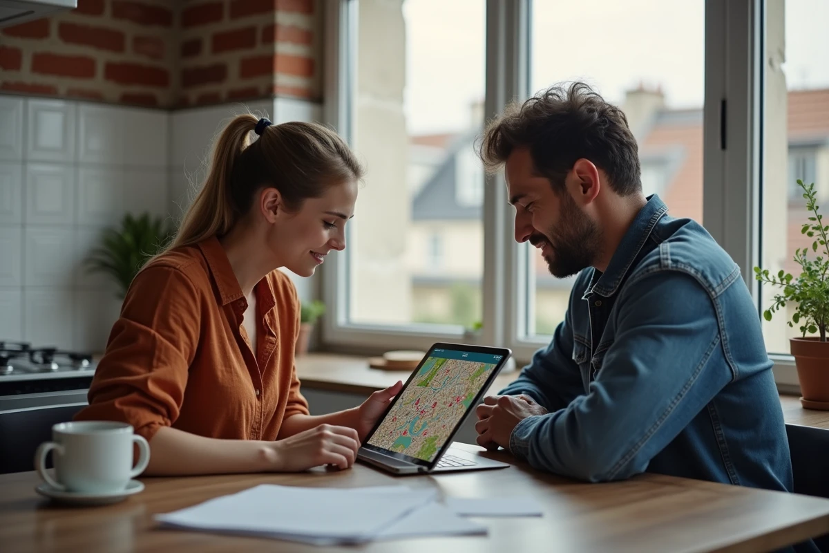Couple consultant une carte interactive des zones tendues sur tablette dans leur appartement parisien