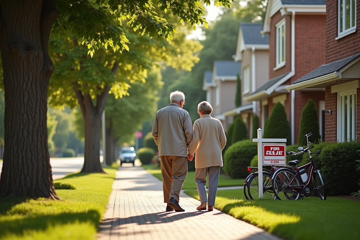 Couple âgé marchant dans une rue résidentielle calme