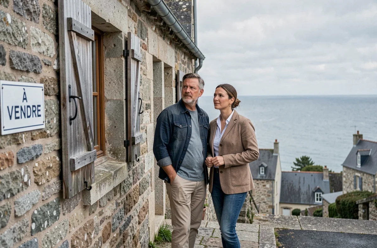 Couple visitant une maison en pierre bretonne à vendre avec vue sur la mer entre les toits, illustration du marché immobilier côtier