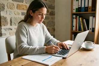 Femme remplissant un dossier de demande de logement social en ligne sur son ordinateur portable dans un appartement parisien