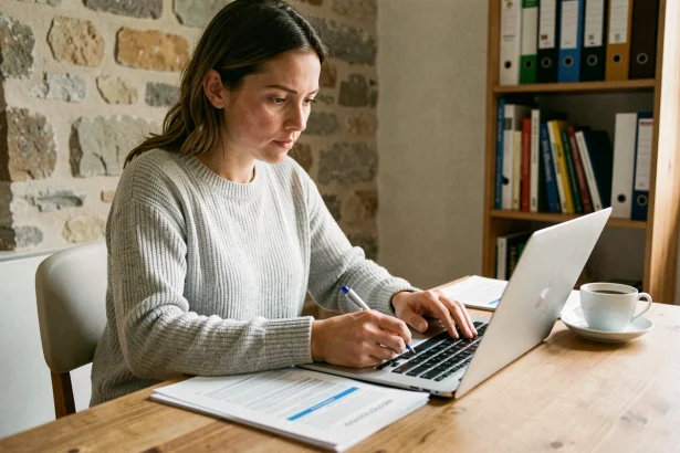 Femme remplissant un dossier de demande de logement social en ligne sur son ordinateur portable dans un appartement parisien