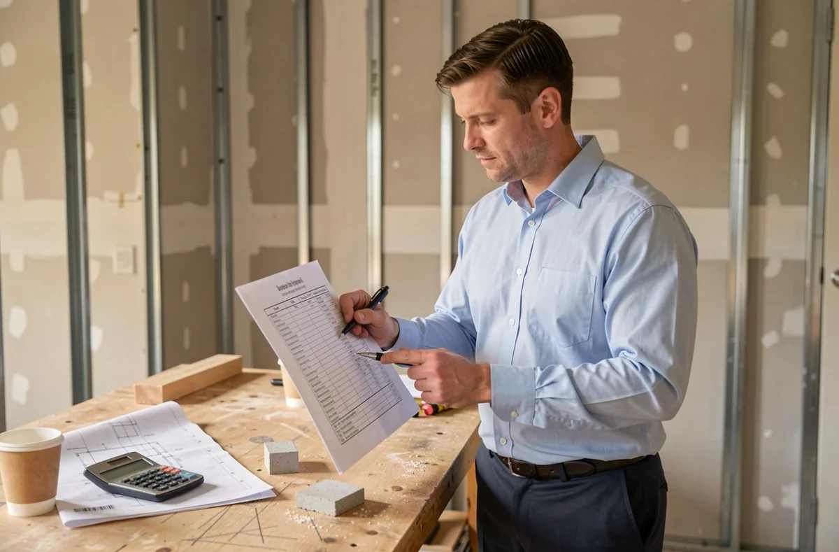Professionnel du bâtiment analysant un devis détaillé pour la construction d'un garage, avec coûts matériaux et main-d'œuvre au m²