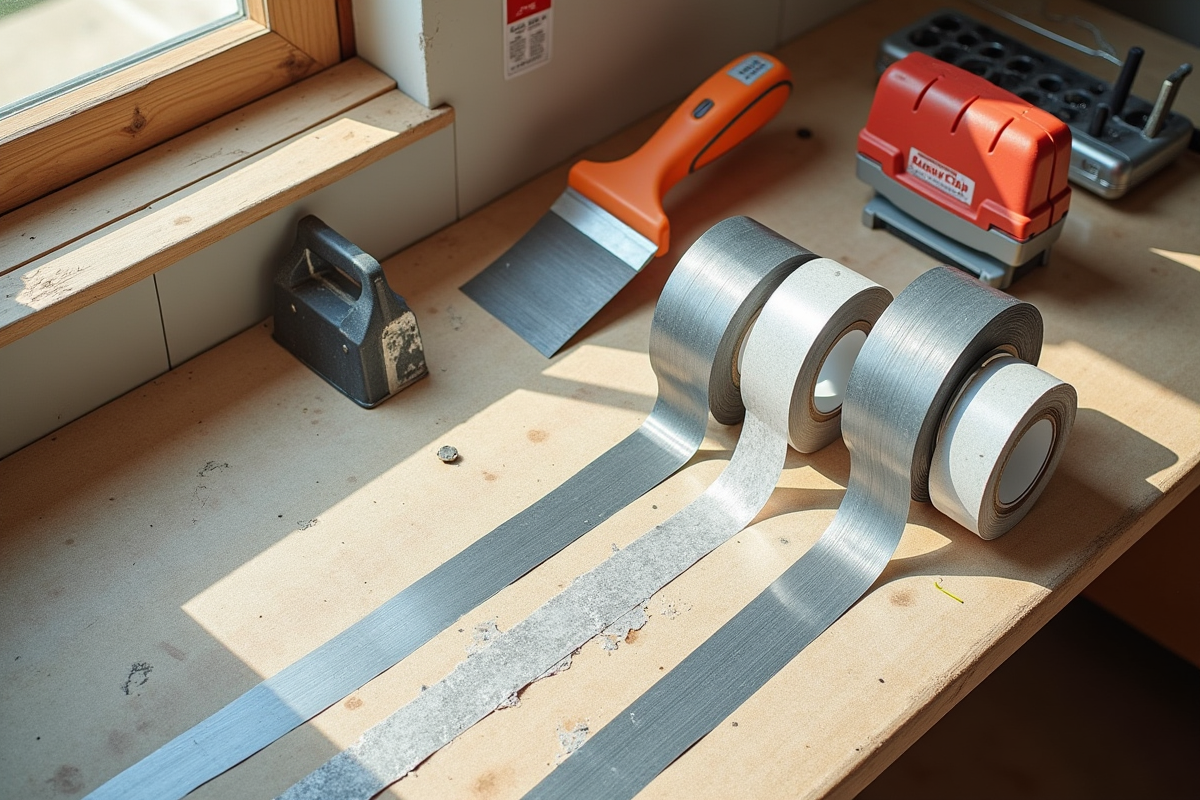 Rouleaux de ruban à joint en papier et métal sur un plan de travail en bois
