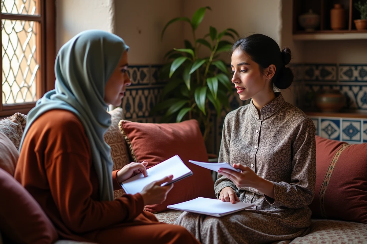 Femme et femme âgée discutant dans un intérieur marocain