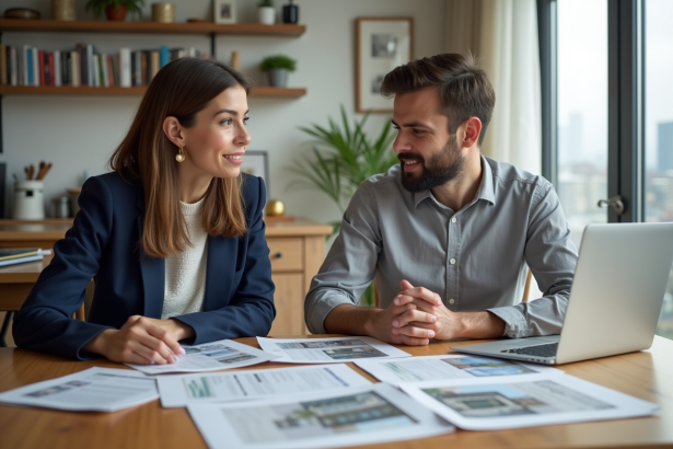 Femme et jeune homme discutant autour de brochures immobilières