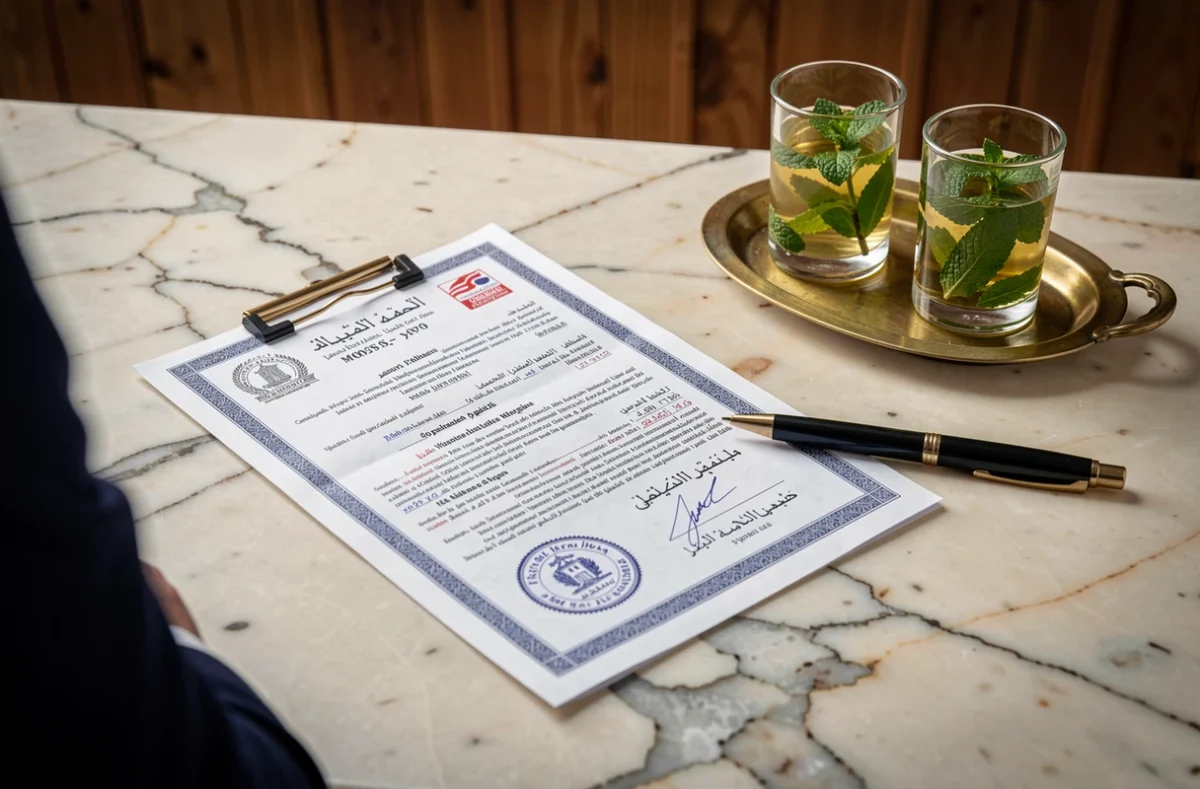 Vue aérienne de documents de prêt immobilier pour l'achat d'un riad à Marrakech posés sur un bureau en marbre avec un thé à la menthe marocain dans une banque