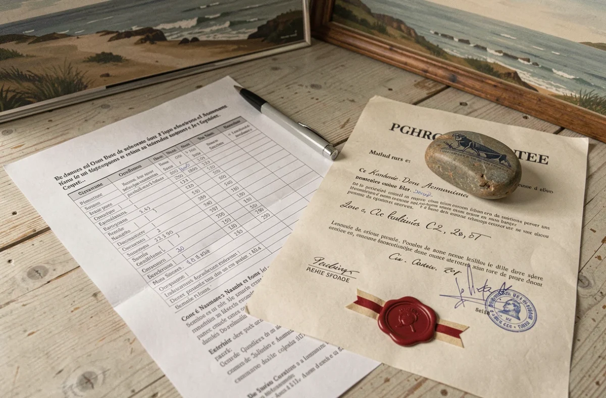 Documents notariés et devis de travaux posés sur un bureau en bois pour une maison normande en bord de mer, illustrant les frais cachés et la fiscalité immobilière côtière