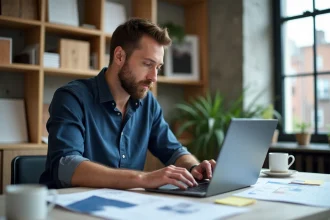 Entrepreneur analysant des tendances de rénovation rentables sur laptop avec rapports imprimés et échantillons de matériaux dans un bureau moderne