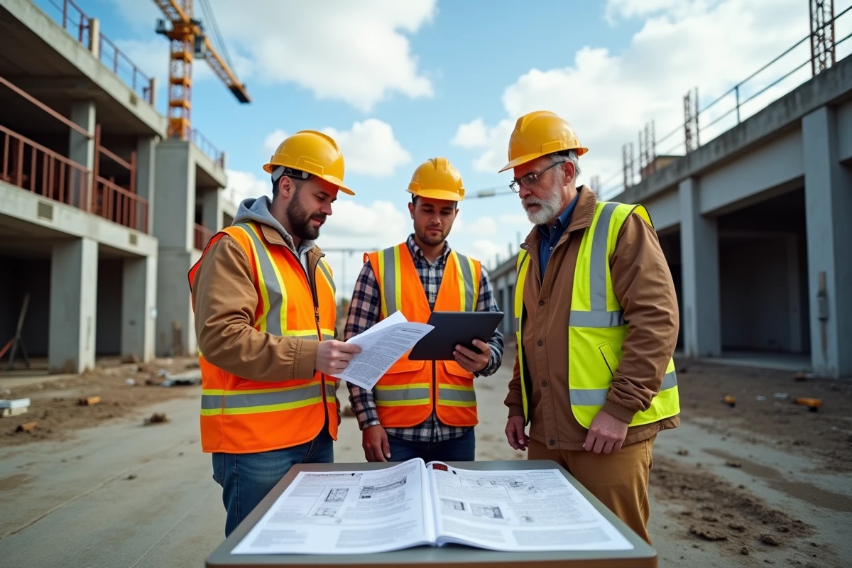 Équipe de professionnels du bâtiment consultant des documents réglementaires sur un chantier de construction à Milwaukee