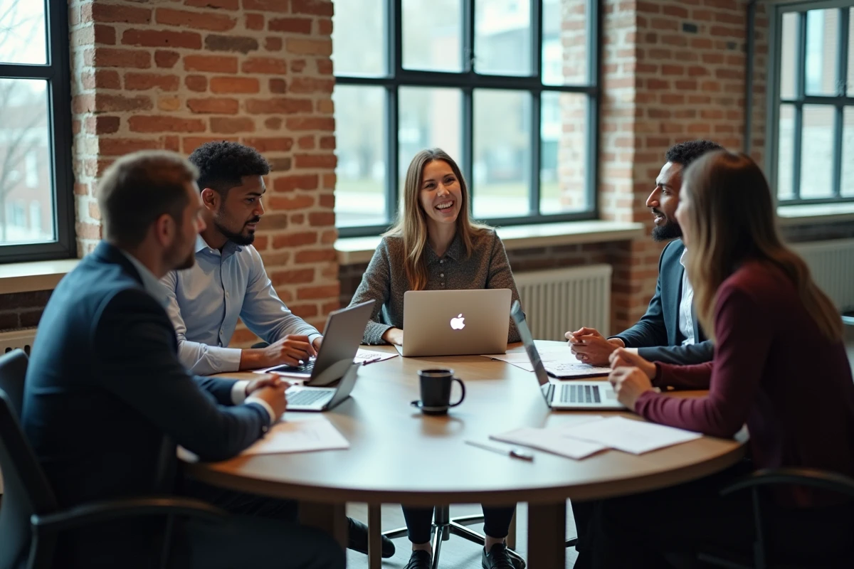 Équipe de professionnels discutant des valeurs et de la culture d'entreprise lors d'une réunion collaborative
