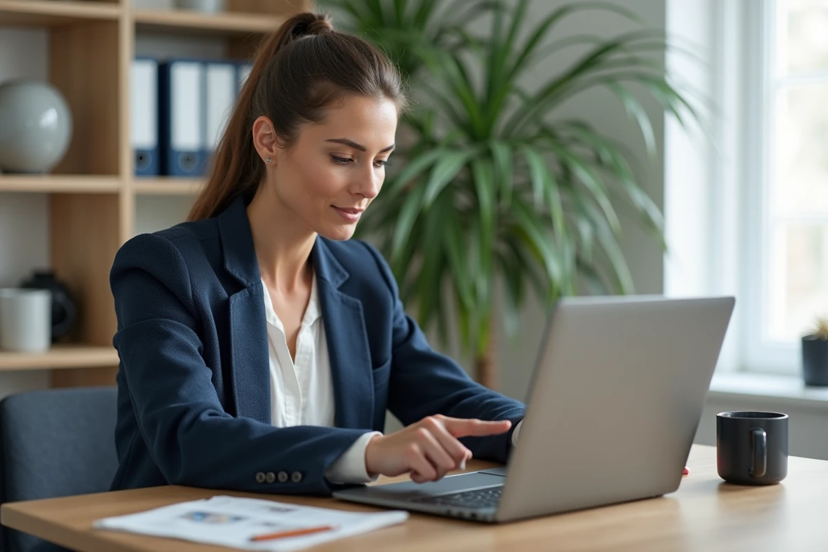 Femme consultant une estimation immobilière gratuite en ligne sur son ordinateur portable dans un bureau à domicile moderne