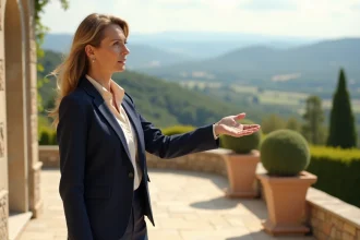 Agent immobilier présentant la vue panoramique depuis la terrasse en pierre d'une villa de prestige avec jardin soigné