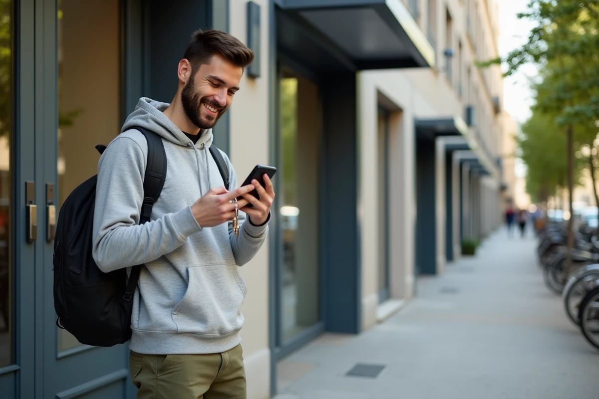 Étudiant découvrant son nouvel appartement loué grâce à une plateforme de recherche immobilière étudiante