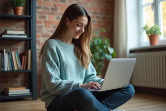 Étudiante cherchant un appartement en ligne sur son ordinateur portable dans une chambre meublée moderne