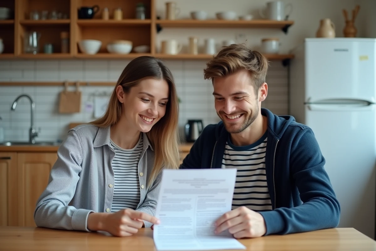 Deux étudiants en colocation examinant un contrat de location dans leur appartement meublé