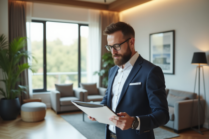 Expert immobilier utilisant une tablette dans un salon lumineux