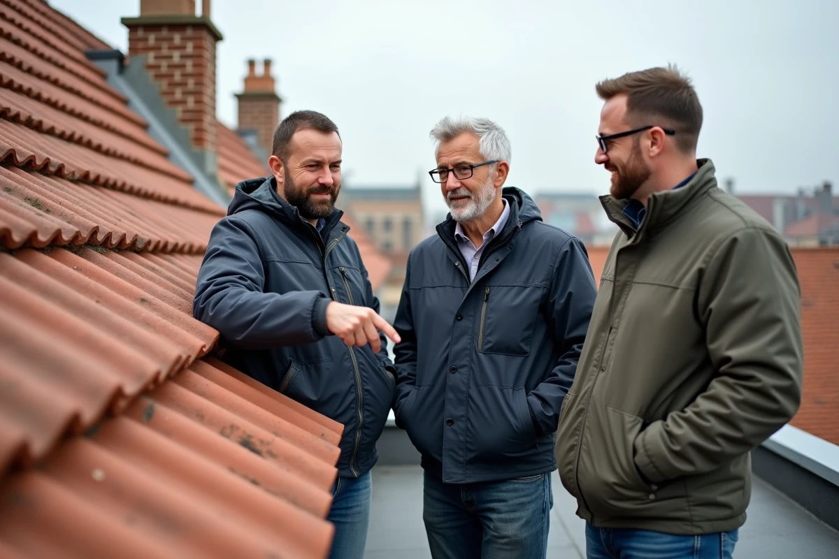 Expert en toiture expliquant un probleme de toit aux clients sur un toit européen
