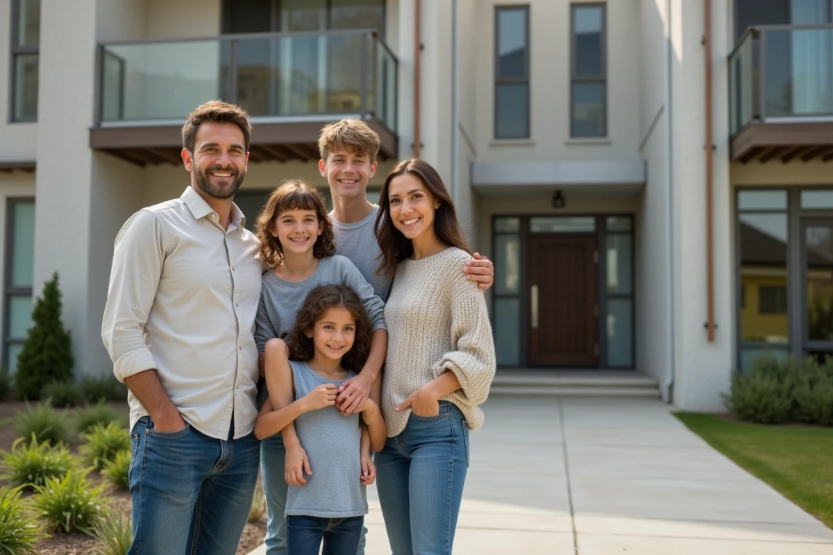 Famille souriante devant un immeuble moderne neuf