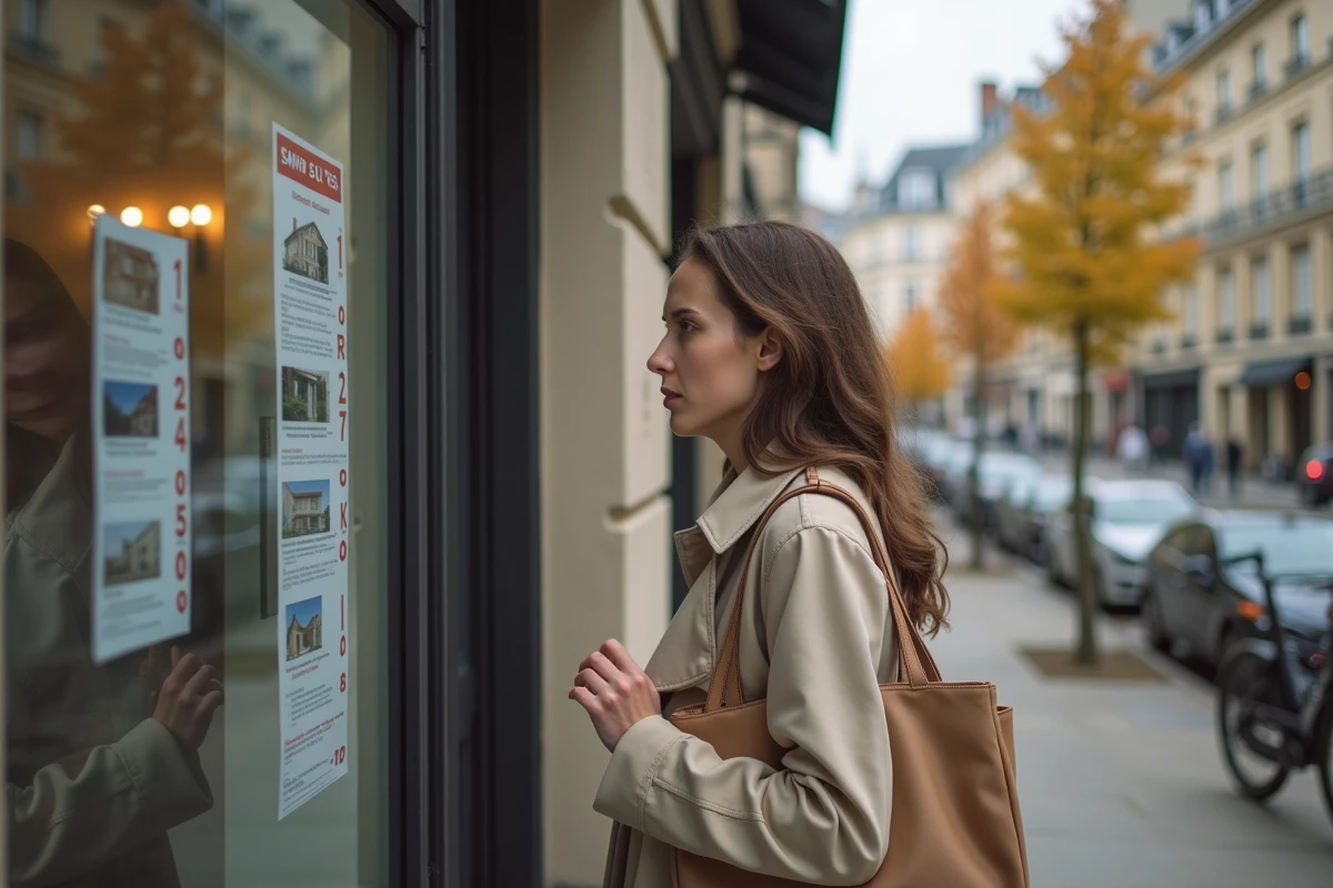 Femme lisant les annonces immobilières d'une agence dans le centre-ville de Saint-Germain-en-Laye