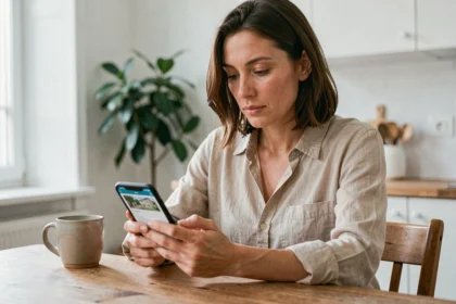 Femme utilisant l'application MyFoncia sur son smartphone dans un appartement parisien pour gérer son espace locataire