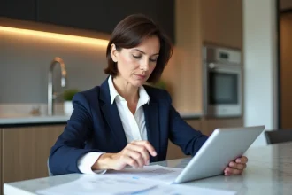 Femme d'âge moyen dans une cuisine moderne examine un rapport