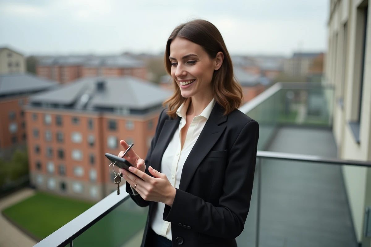 Femme sur balcon urbain utilisant son smartphone avec clés en main