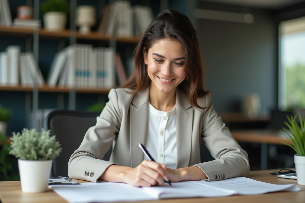 Femme confiante en bureau moderne souriant