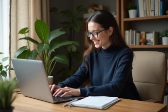 Jeune femme concentrée travaillant sur son ordinateur dans un bureau cosy