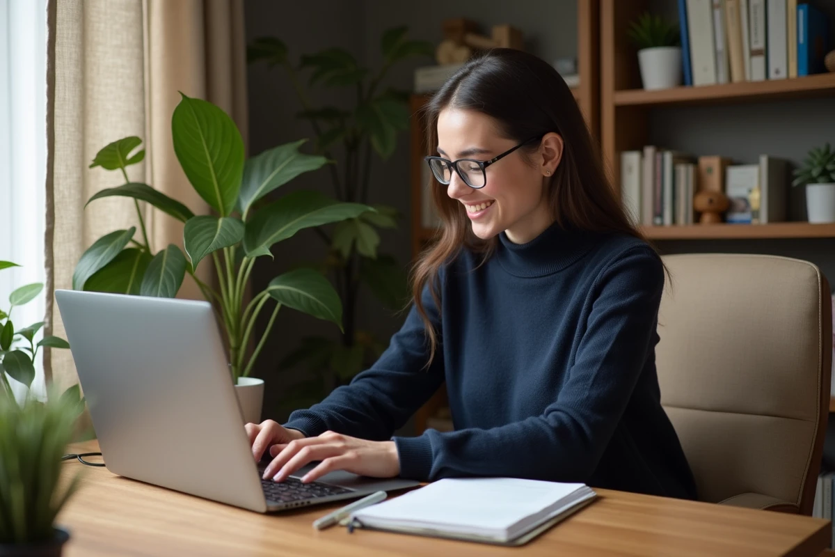 Jeune femme concentrée travaillant sur son ordinateur dans un bureau cosy