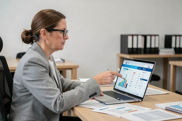 Femme professionnelle consultant l'indice INSEE du coût de la construction sur un ordinateur portable dans un bureau administratif moderne