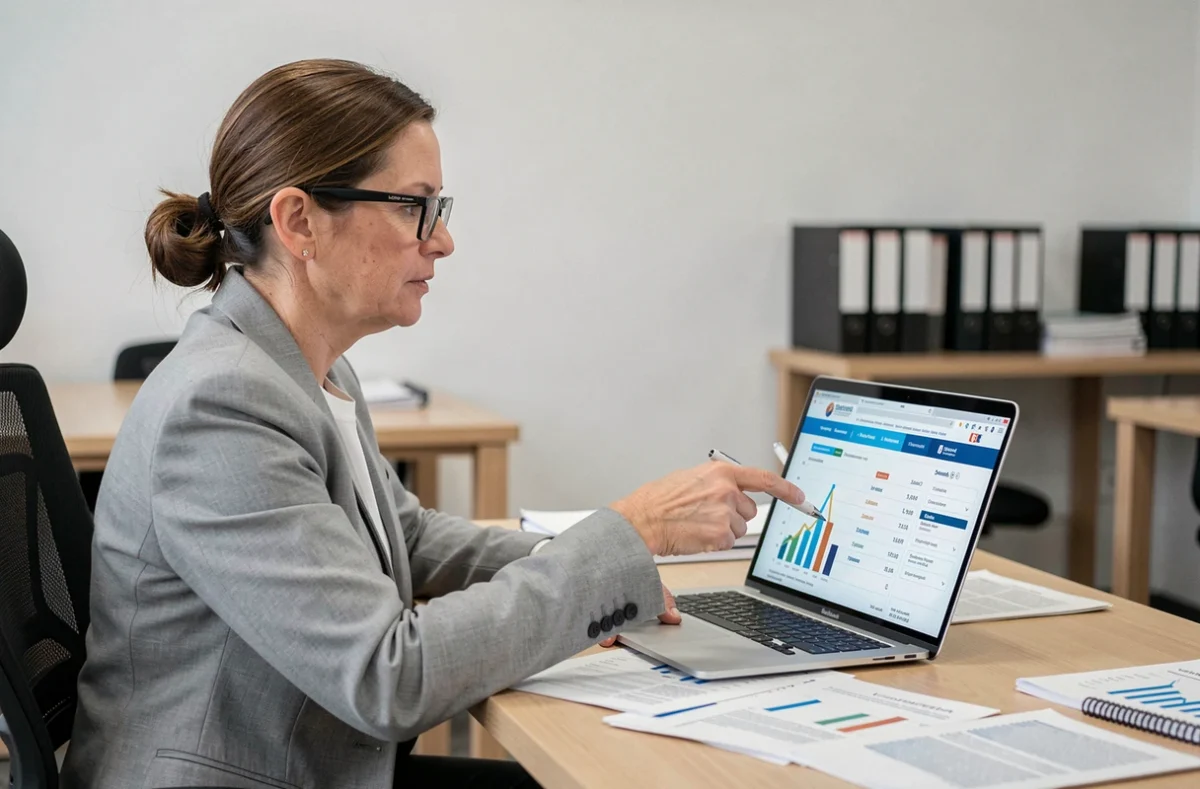 Femme professionnelle consultant l'indice INSEE du coût de la construction sur un ordinateur portable dans un bureau administratif moderne