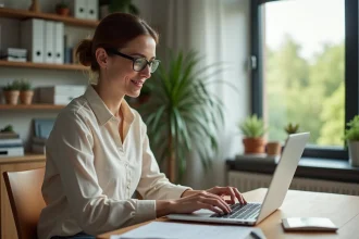 Femme concentrée travaillant sur son ordinateur dans un bureau moderne
