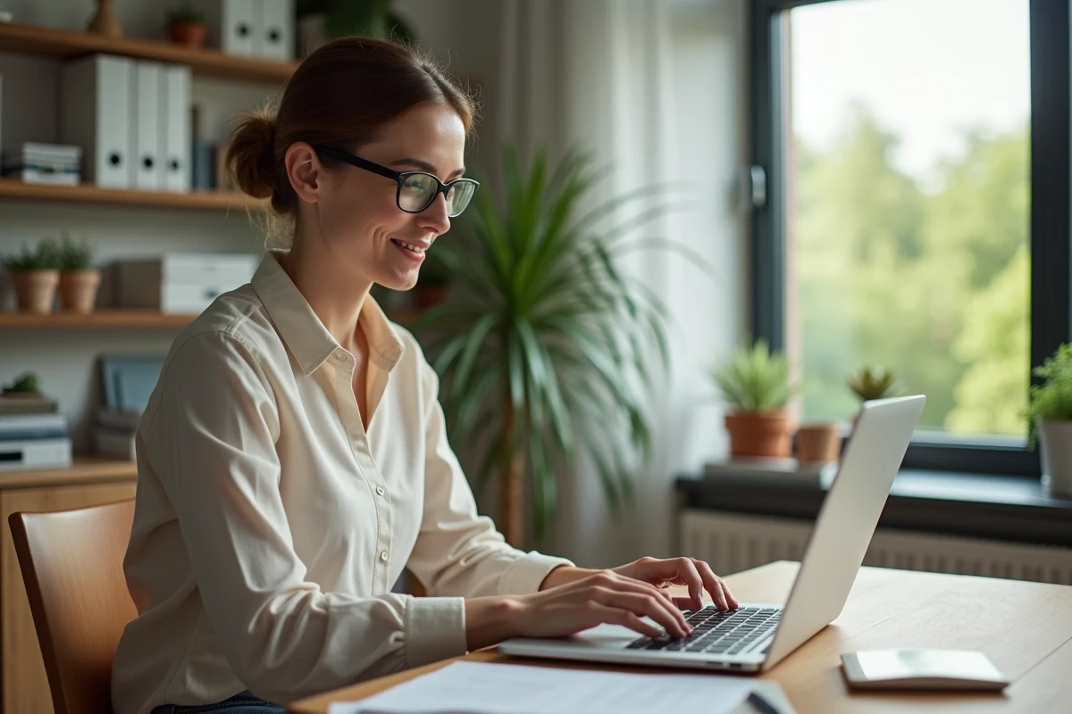 Femme concentrée travaillant sur son ordinateur dans un bureau moderne
